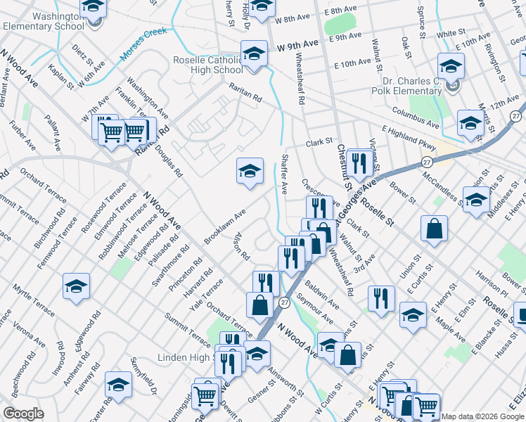 map of restaurants, bars, coffee shops, grocery stores, and more near 409 Brooklawn Avenue in Roselle