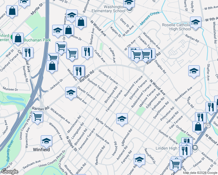 map of restaurants, bars, coffee shops, grocery stores, and more near 128 Livingston Road in Linden