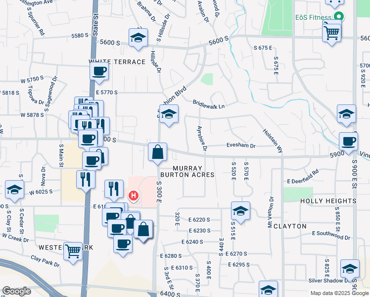 map of restaurants, bars, coffee shops, grocery stores, and more near 5882 Meadowcrest Drive in Murray