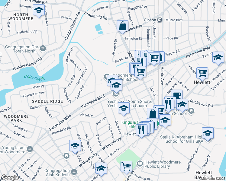 map of restaurants, bars, coffee shops, grocery stores, and more near 1170 Peninsula Boulevard in Hewlett