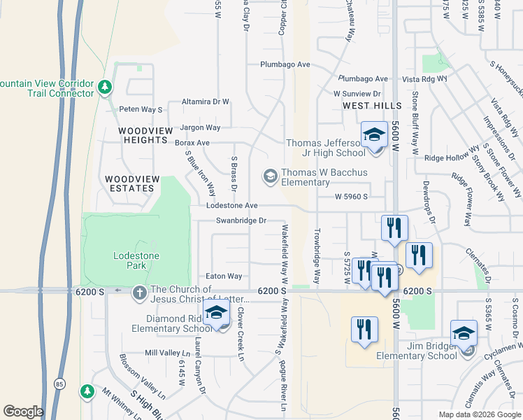 map of restaurants, bars, coffee shops, grocery stores, and more near 5991 Copper City Drive in Kearns