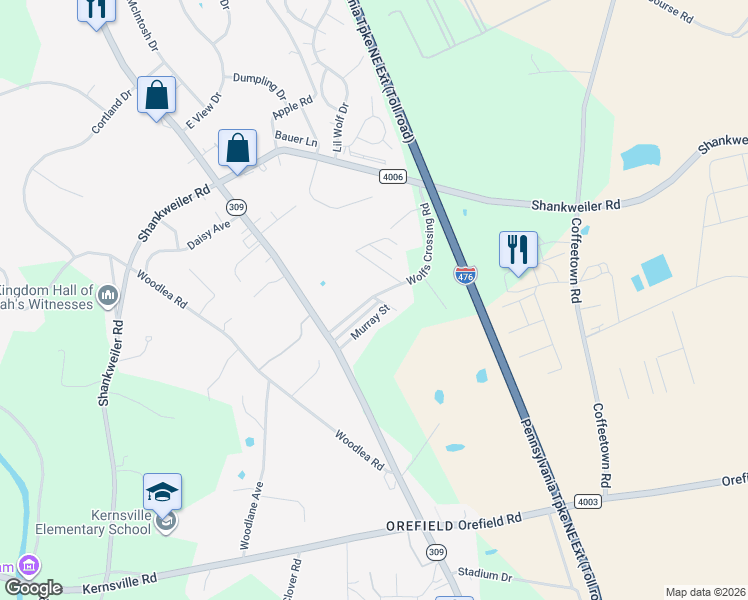 map of restaurants, bars, coffee shops, grocery stores, and more near 4373 Wolfs Crossing Road in Lehigh County