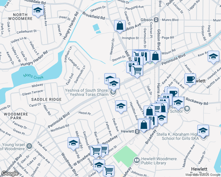 map of restaurants, bars, coffee shops, grocery stores, and more near 1170 Peninsula Boulevard in Hewlett
