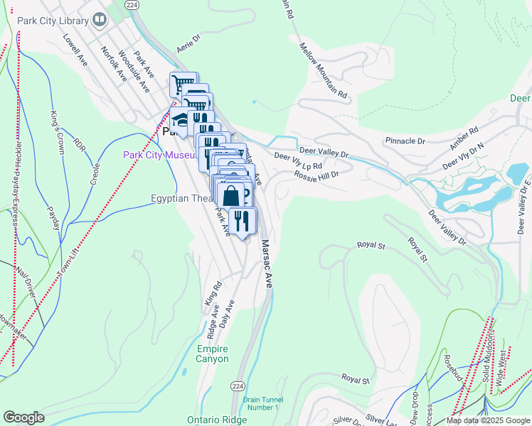 map of restaurants, bars, coffee shops, grocery stores, and more near 253 Ontario Avenue in Park City