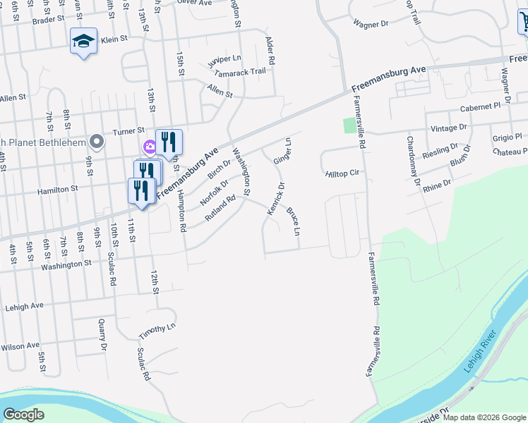 map of restaurants, bars, coffee shops, grocery stores, and more near 3955 Kenrick Drive in Bethlehem