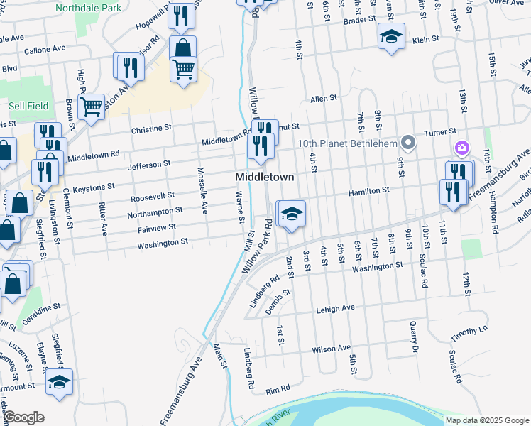 map of restaurants, bars, coffee shops, grocery stores, and more near 1901 Willow Park Road in Bethlehem