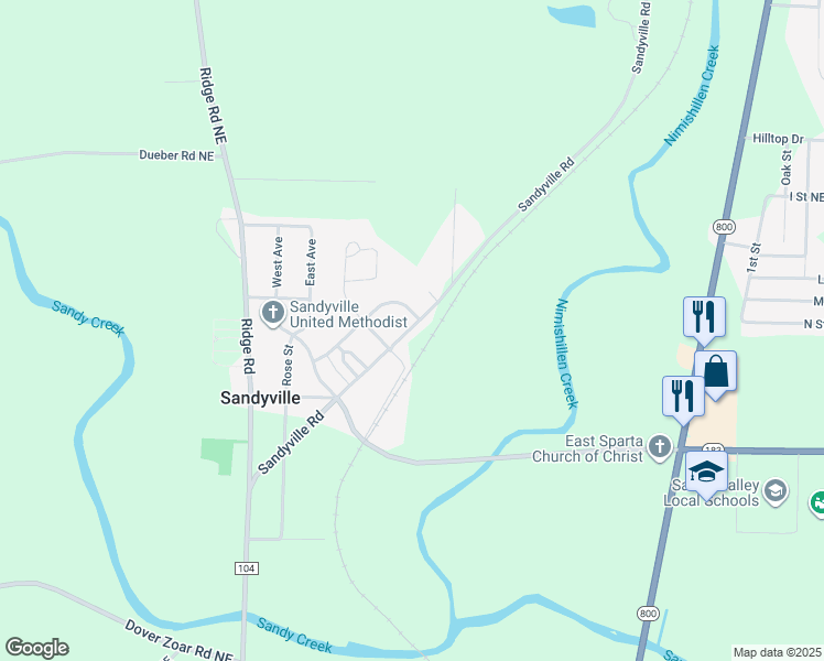 map of restaurants, bars, coffee shops, grocery stores, and more near in Sandyville