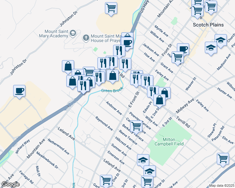 map of restaurants, bars, coffee shops, grocery stores, and more near 57 Birch Avenue in Plainfield