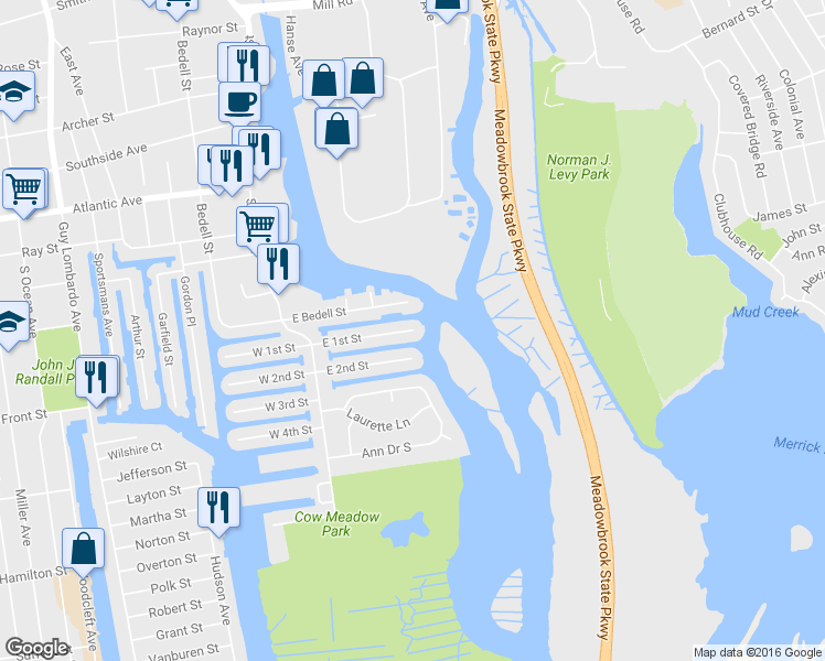 map of restaurants, bars, coffee shops, grocery stores, and more near 111 East 1st Street in Freeport