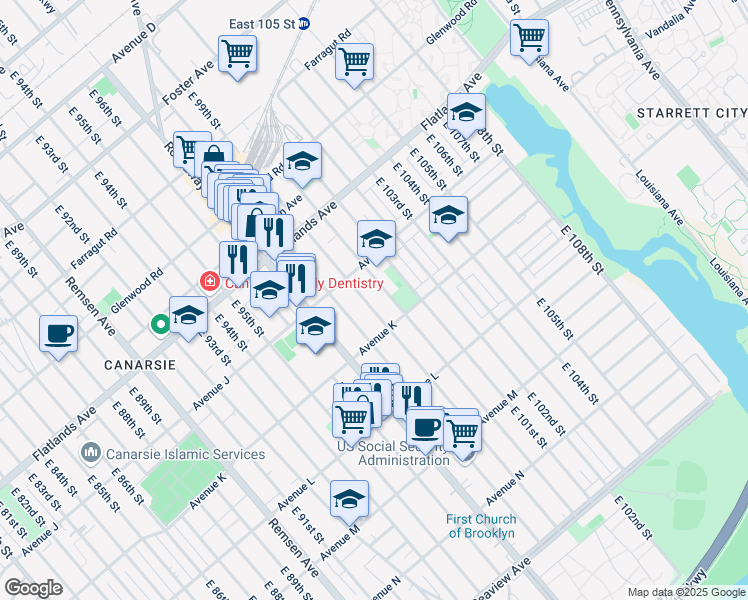 map of restaurants, bars, coffee shops, grocery stores, and more near 1043 East 99th Street in Brooklyn