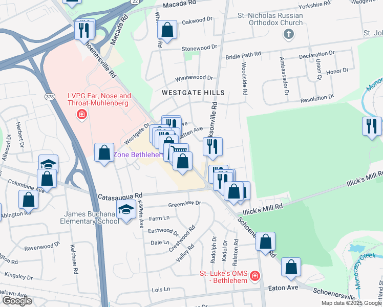 map of restaurants, bars, coffee shops, grocery stores, and more near 2350 Schoenersville Road in Bethlehem