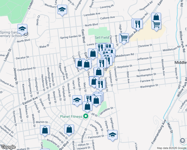 map of restaurants, bars, coffee shops, grocery stores, and more near 2103 Boyd Street in Bethlehem
