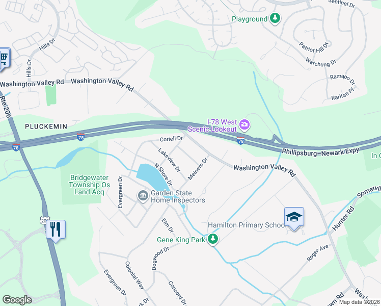 map of restaurants, bars, coffee shops, grocery stores, and more near 1021 Sunset Drive in Basking Ridge