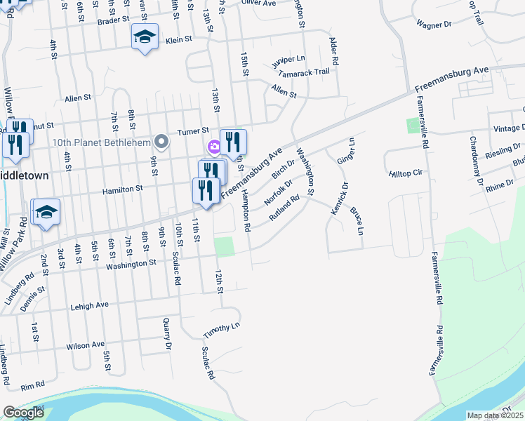 map of restaurants, bars, coffee shops, grocery stores, and more near 3934 Norfolk Drive in Bethlehem