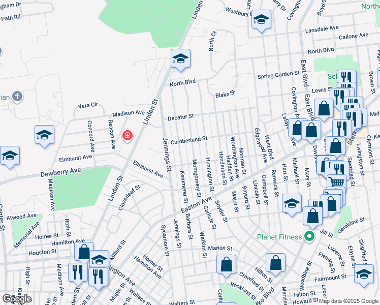 map of restaurants, bars, coffee shops, grocery stores, and more near 2125 Montgomery Street in Bethlehem