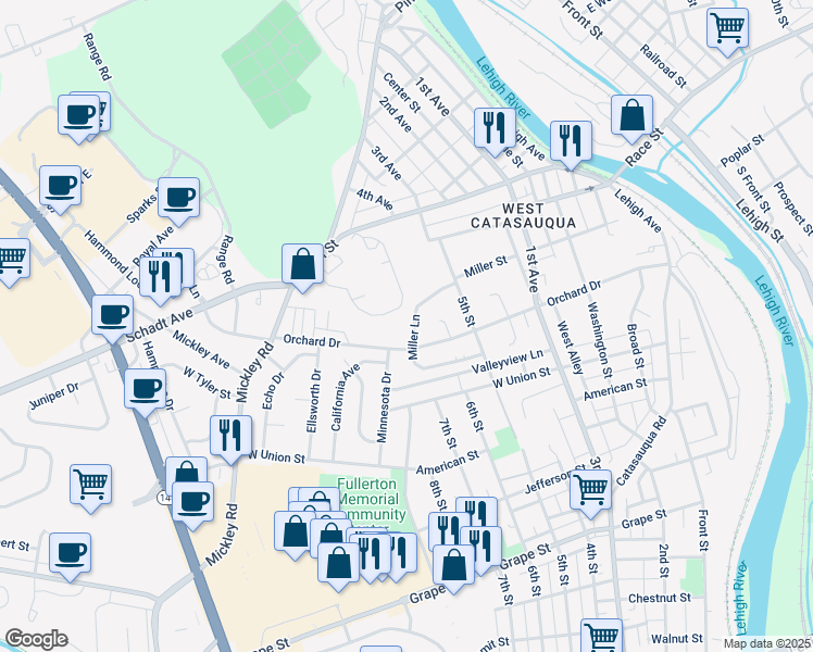 map of restaurants, bars, coffee shops, grocery stores, and more near 559 Miller Lane in Fullerton