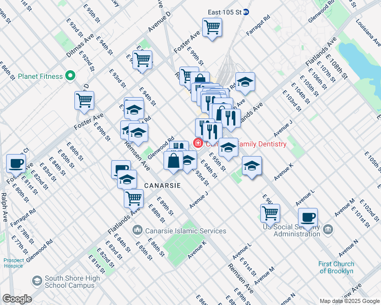 map of restaurants, bars, coffee shops, grocery stores, and more near 1148 East 94th Street in Brooklyn