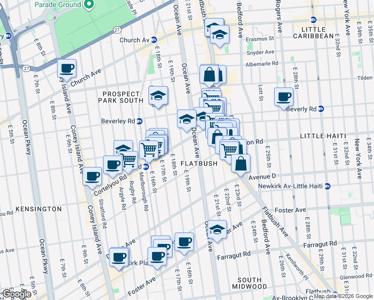 map of restaurants, bars, coffee shops, grocery stores, and more near 317 East 19th Street in Brooklyn