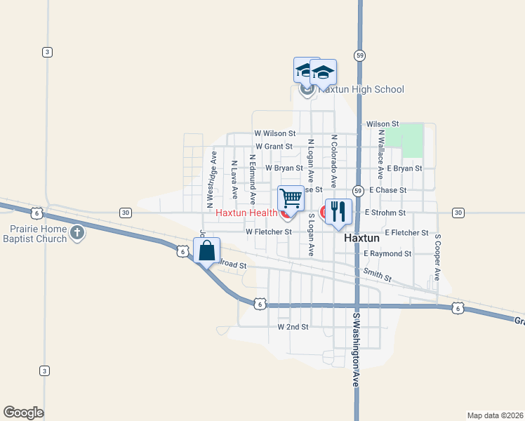 map of restaurants, bars, coffee shops, grocery stores, and more near 431 West Strohm Street in Haxtun
