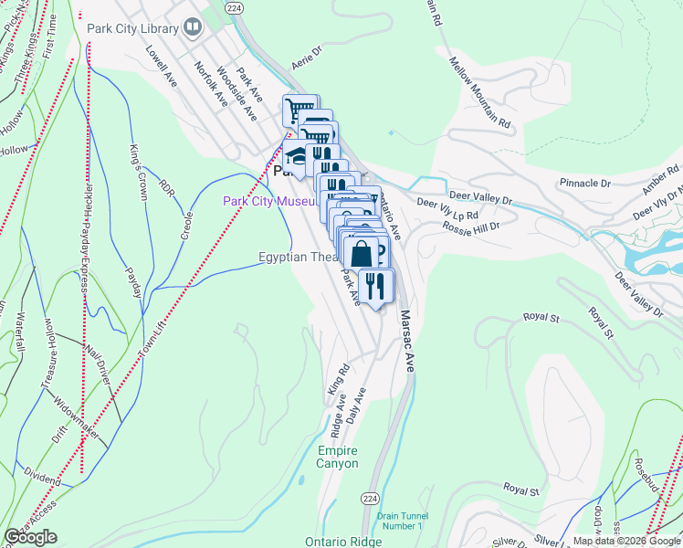 map of restaurants, bars, coffee shops, grocery stores, and more near 339 Park Avenue in Park City