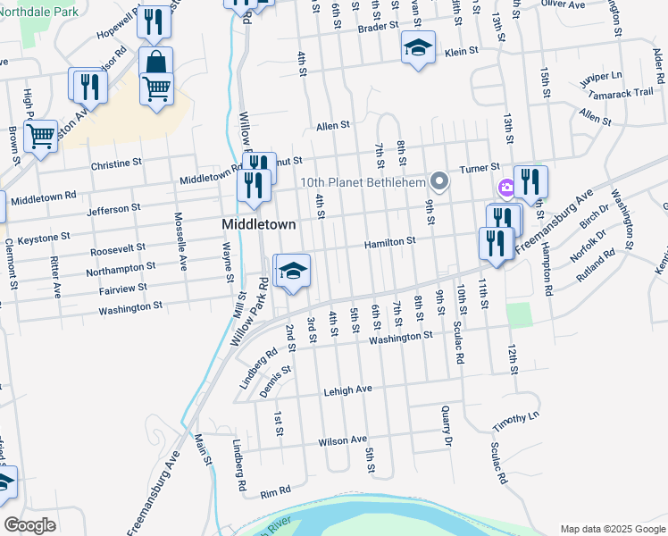 map of restaurants, bars, coffee shops, grocery stores, and more near 1842 4th Street in Bethlehem