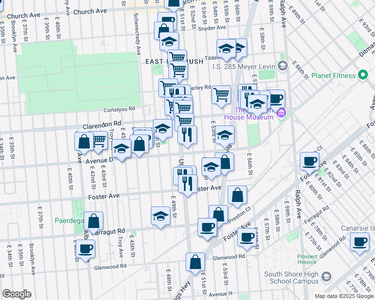 map of restaurants, bars, coffee shops, grocery stores, and more near 5013 Avenue D in Brooklyn