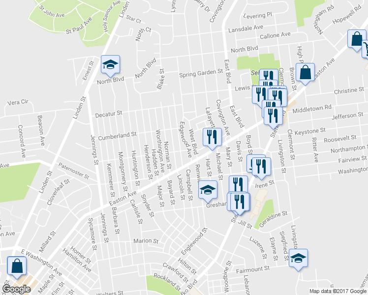 map of restaurants, bars, coffee shops, grocery stores, and more near 1123 Belmont Street in Bethlehem