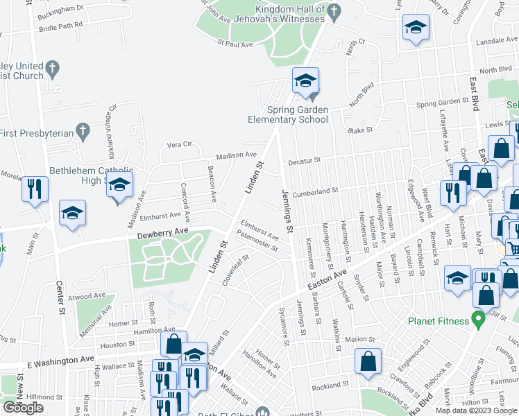 map of restaurants, bars, coffee shops, grocery stores, and more near 710 Jennings Place in Bethlehem