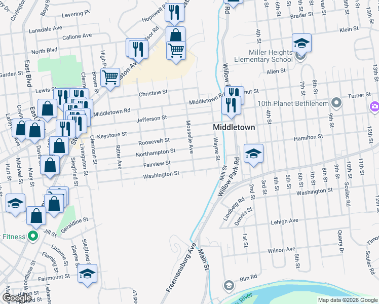 map of restaurants, bars, coffee shops, grocery stores, and more near 1921 Mosselle Avenue in Bethlehem