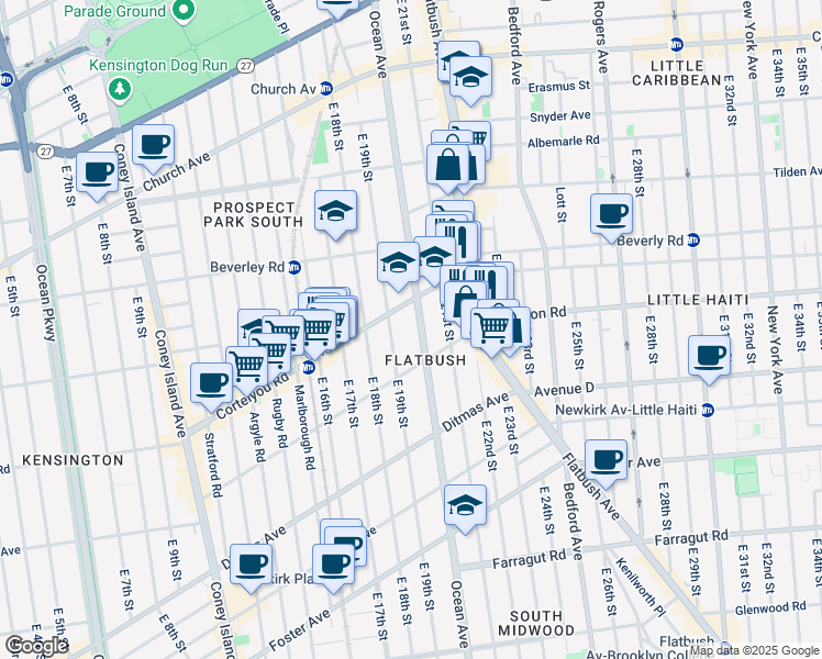 map of restaurants, bars, coffee shops, grocery stores, and more near 822 Ocean Avenue in Brooklyn