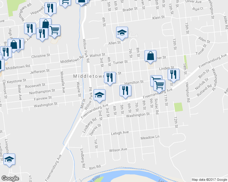 map of restaurants, bars, coffee shops, grocery stores, and more near 1842 4th Street in Bethlehem