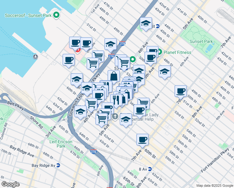 map of restaurants, bars, coffee shops, grocery stores, and more near 438 56th Street in Brooklyn