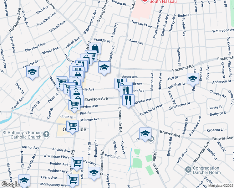map of restaurants, bars, coffee shops, grocery stores, and more near 2850 Oceanside Road in Oceanside