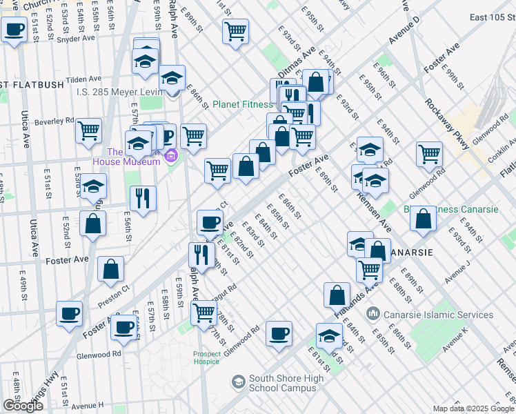 map of restaurants, bars, coffee shops, grocery stores, and more near 8412 Foster Ave in Brooklyn
