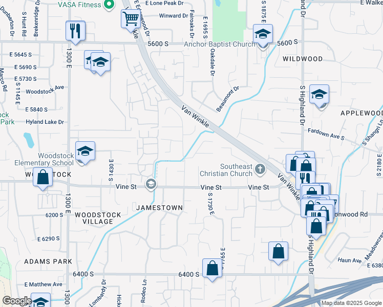 map of restaurants, bars, coffee shops, grocery stores, and more near 1712 Cannes Way in Murray