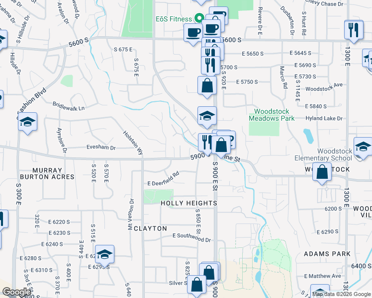 map of restaurants, bars, coffee shops, grocery stores, and more near 5878 Eastwood Circle in Murray