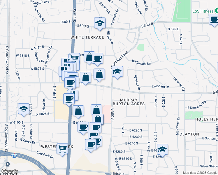 map of restaurants, bars, coffee shops, grocery stores, and more near 262 5900 South in Murray