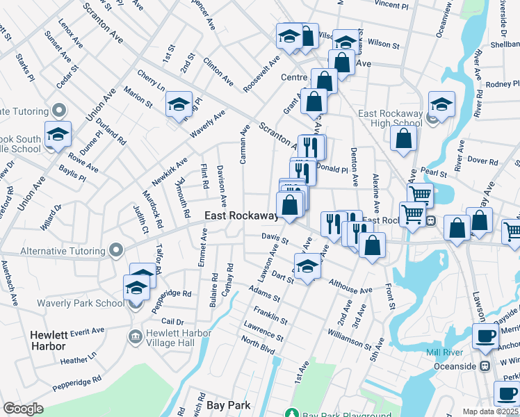 map of restaurants, bars, coffee shops, grocery stores, and more near 135 Grant Avenue in East Rockaway