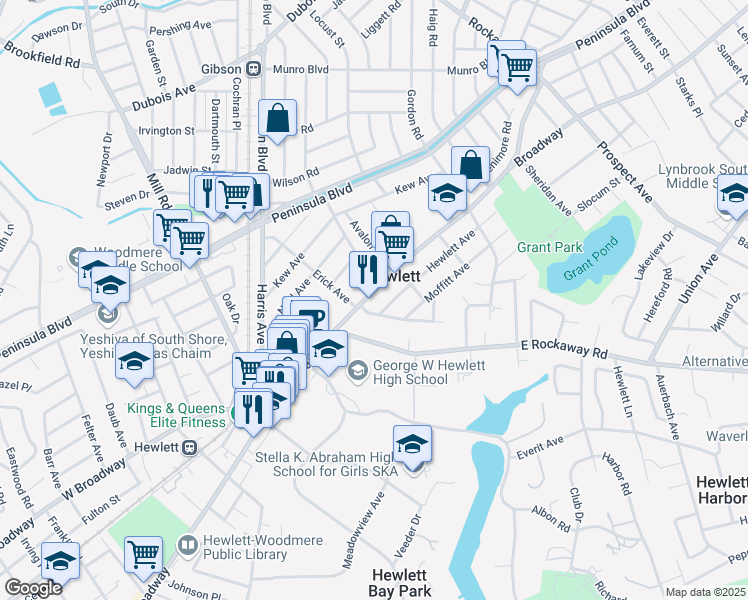 map of restaurants, bars, coffee shops, grocery stores, and more near 1449 Broadway in Hewlett