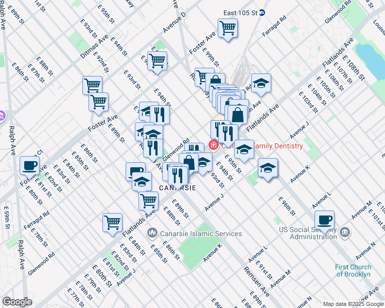 map of restaurants, bars, coffee shops, grocery stores, and more near 1118 East 93rd Street in Brooklyn