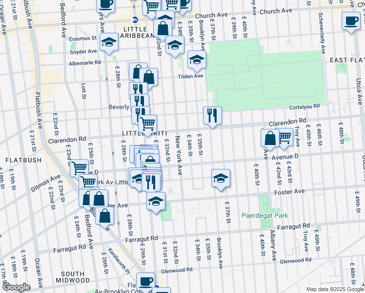 map of restaurants, bars, coffee shops, grocery stores, and more near 1245 New York Avenue in Brooklyn