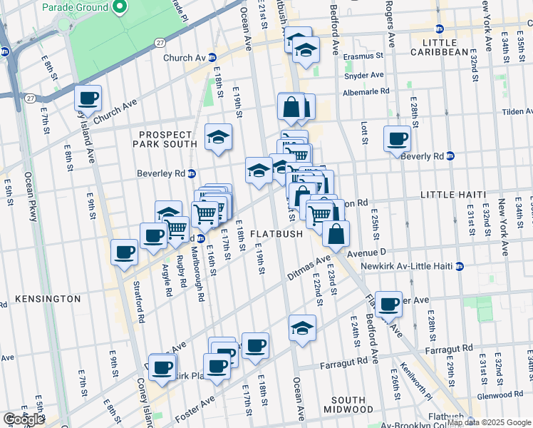 map of restaurants, bars, coffee shops, grocery stores, and more near 309 East 19th Street in Brooklyn