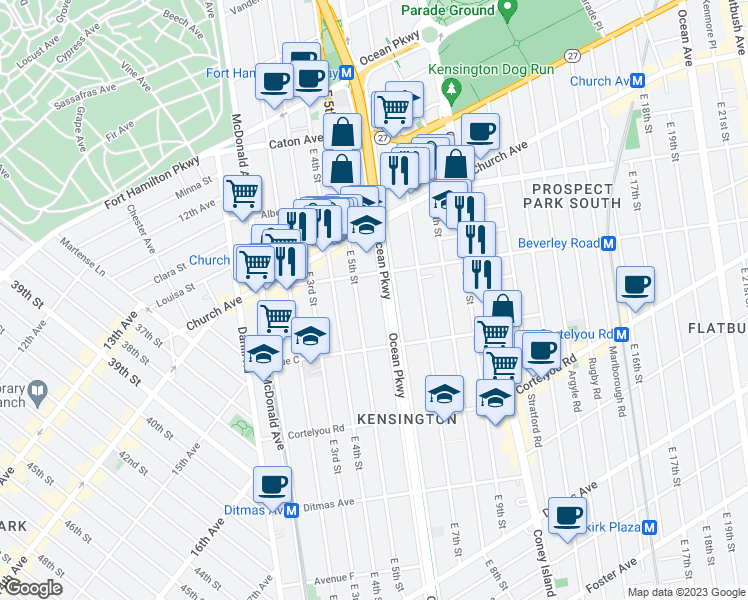 map of restaurants, bars, coffee shops, grocery stores, and more near 280 Ocean Parkway Service Road in Brooklyn