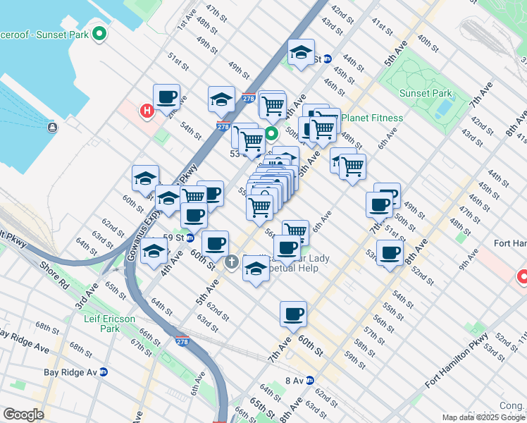 map of restaurants, bars, coffee shops, grocery stores, and more near 5516 5th Avenue in Brooklyn