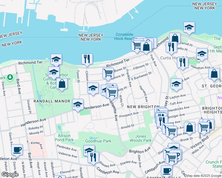 map of restaurants, bars, coffee shops, grocery stores, and more near 100 Lafayette Avenue in Staten Island