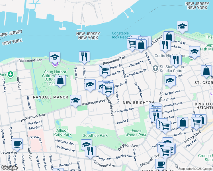map of restaurants, bars, coffee shops, grocery stores, and more near 100 Lafayette Avenue in Staten Island