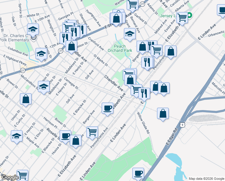 map of restaurants, bars, coffee shops, grocery stores, and more near 1101 Bergen Avenue in Linden