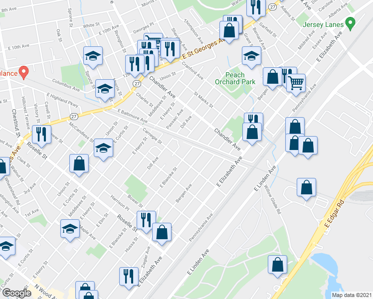 map of restaurants, bars, coffee shops, grocery stores, and more near 1016 Monmouth Avenue in Linden