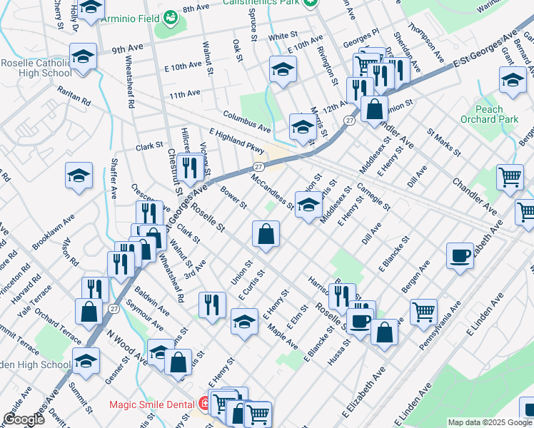 map of restaurants, bars, coffee shops, grocery stores, and more near 711-715 Cleveland Avenue in Linden