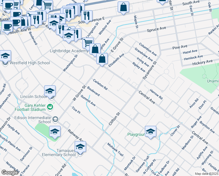 map of restaurants, bars, coffee shops, grocery stores, and more near 863 Carleton Road in Westfield